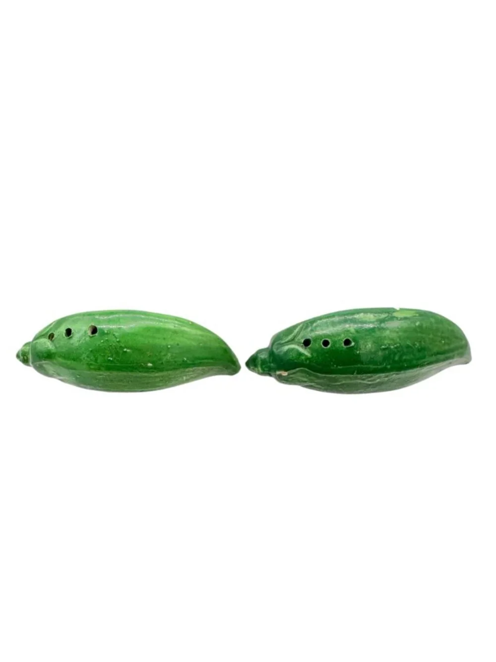Vintage Pea Pod Salt and Pepper Shakers Hand Painted Ceramic Made In Japan 3”L